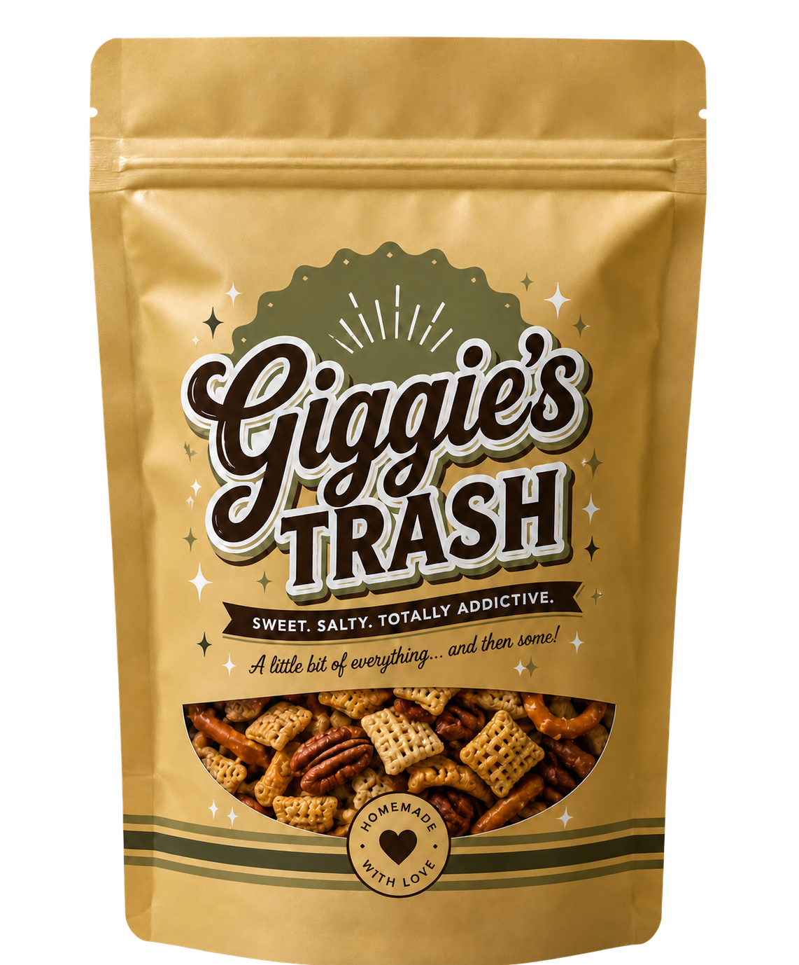 Giggie's Trash sweet and salty snack mix in a resealable 4 ounce bag