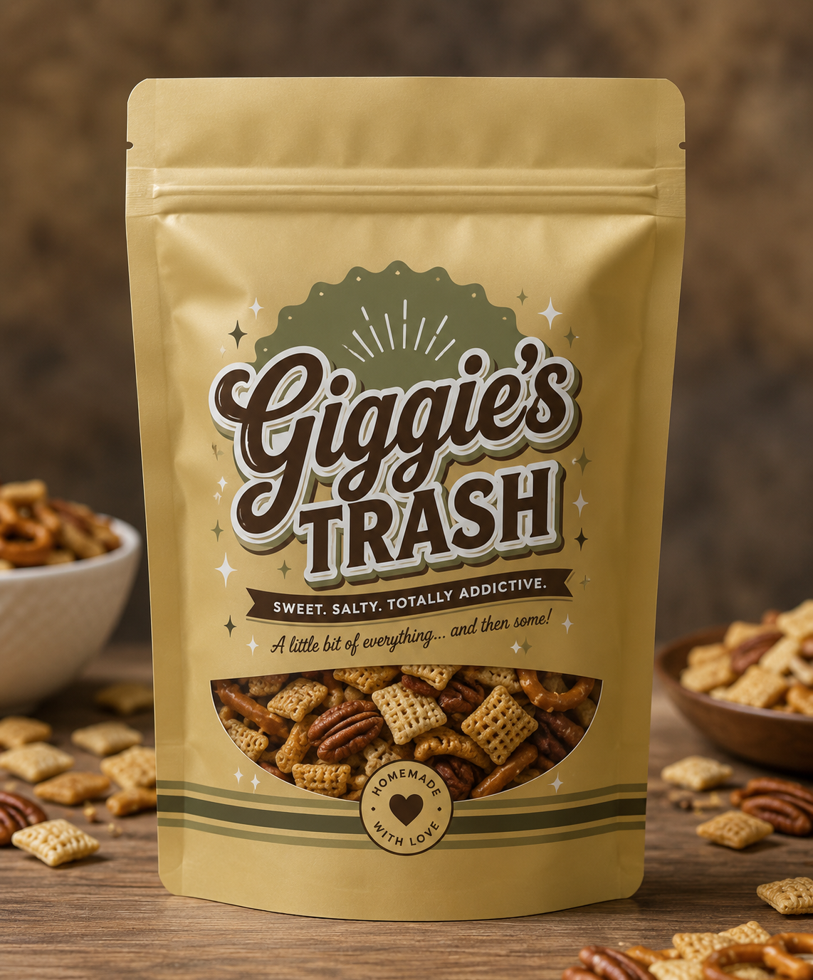 Giggie's Trash bag surrounded by pieces of the sweet and salty snack mix