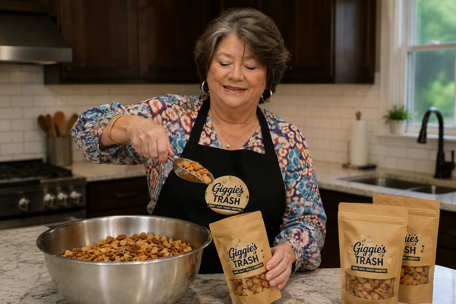 Giggie scooping fresh snack mix into branded bags in her kitchen