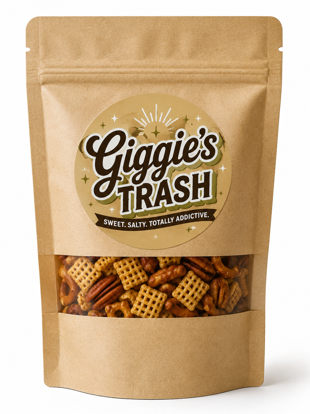 A resealable kraft bag of Giggie's Trash snack mix